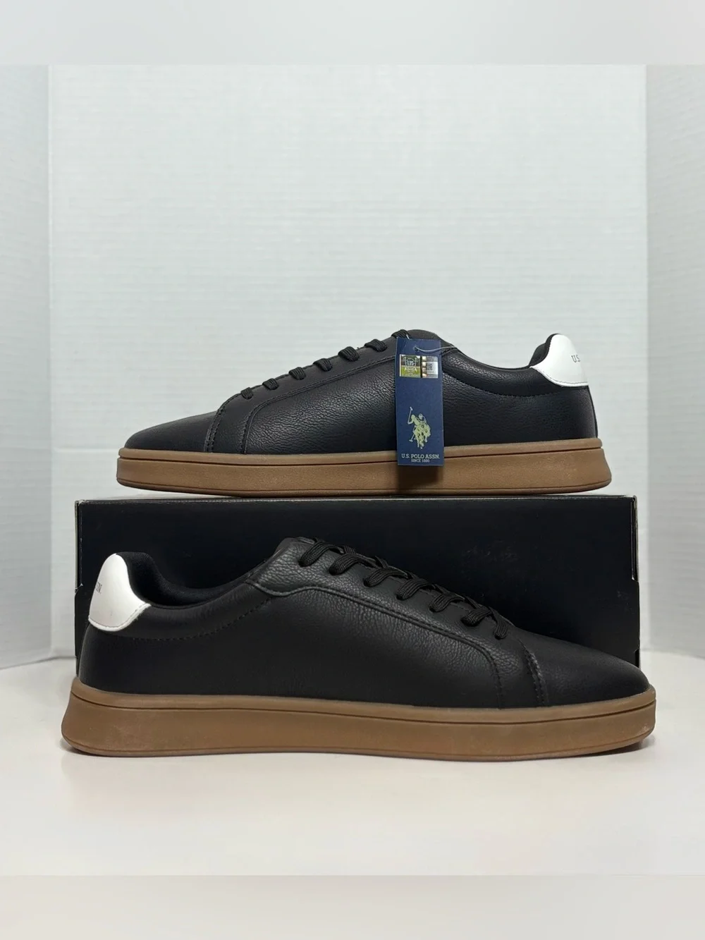 U.S. Polo Assn. Black Leather Sneakers with Brown Sole and White Heel